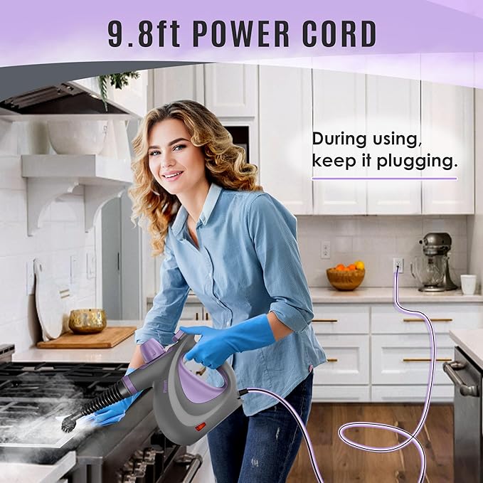 Pressurized Handheld Multi-Surface Natural Steam Cleaner with 12 pcs Accessories, Multi-Purpose Steamer for Home Use, Steamer for Cleaning Floor, Upholstery, Grout and Car (Purple)