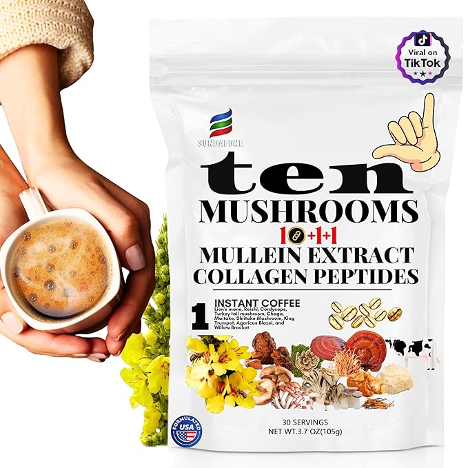 SUNDAFONE Mushroom Coffee with Grass-Fed Collagen, Mullein,Lion's Mane,Reishi and 10 Adaptogenic Mushrooms for Focus,Immunity,Memory,Clarity,Breathing,Skin; Super Instant Collagen Coffee Blend