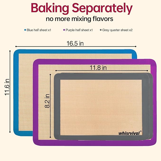 4 Pack Silicone Baking Mat, Non-Stick Silicone Baking Sheet, Food Safe Silicone Mats for Baking, 480℉ Heat Resistant, 2 Half & 2 Quarter (Purple, Blue, Grey)
