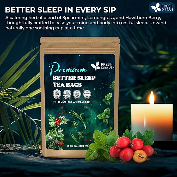 FreshDrinkUS, Premium 55 Tea Bags Better Sleep Herbal Tea | Caffeine-Free Loose Leaf Blend with Spearmint Leaves, Lemongrass Leaves, and Hawthorn Berry – Naturally Refreshing and Aromatic.