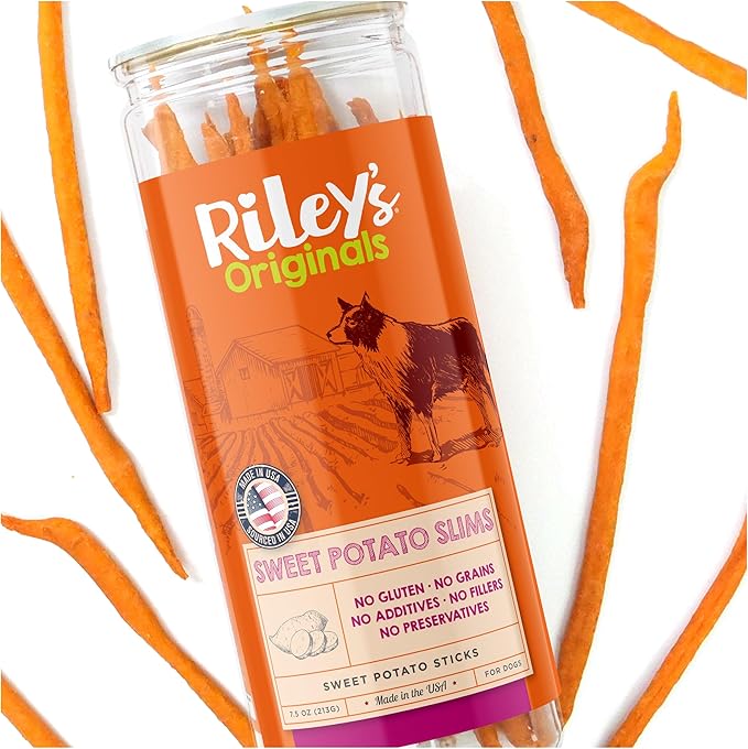 Riley's Slims Dried Sweet Potato Dog Treats - Dehydrated Chews for Dogs - Single Ingredient USA Sourced Made in The USA - 7.5 oz