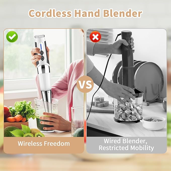 Cordless Immersion Blender: 4-in-1 Rechargeable Electric Hand Blender, 21-Speeds & 3-Angle Adjustable with 700ml Chopper, 700ml Beaker, Egg Whisk and Beater for Smoothies, Soup, Baby Food (White)