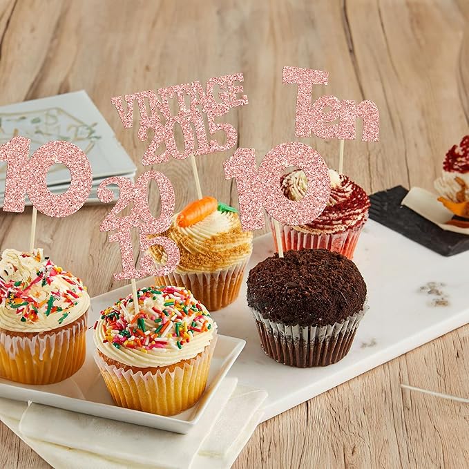Gyufise 24Pcs 10th Birthday Cupcake Toppers Glitter Ten Vintage 2015 Hello 10 Years Birthday 10 Cupcake Picks Double Digits Cake Decoration for Happy 10th Anniversary Party Supplies Rose Gold