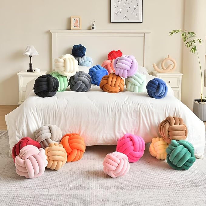 Decorative Throw Knot Pillow Ball for Home Chair Sofa Couch Bed Aesthetic Round Velvet Knotted Pillow Cushion (Orange, 8 inches)