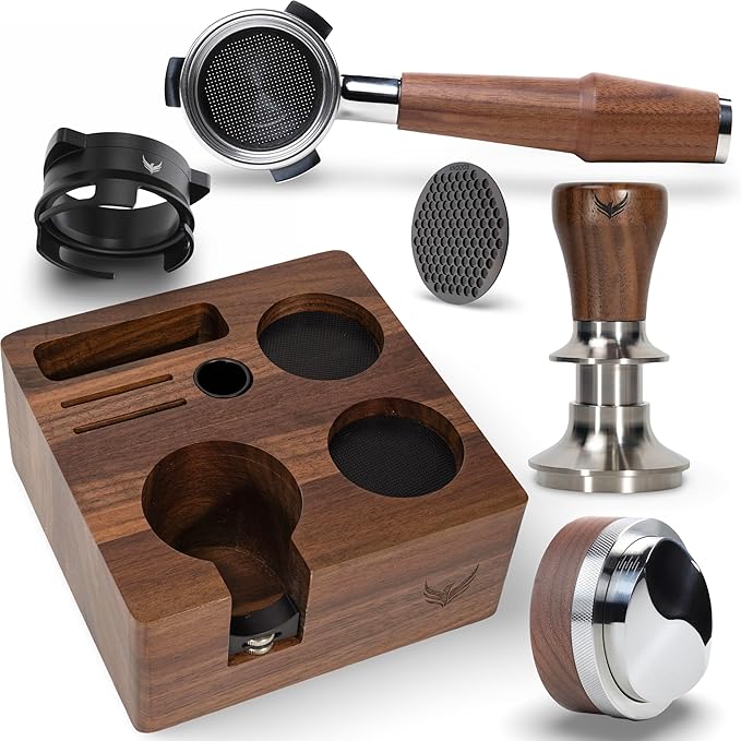 Breville Barista Express Accessories Kit 6pcs Includes 54mm Walnut Tamping Stand, Auto Leveling Tamper, Distributor, Bottomless Portafilter, Dosing Funnel and Puck Screen