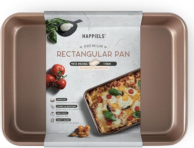 Nonstick Non Toxic 9x13 in Baking Pan for oven | Cake Mold 9 x 13 Non Stick Nontoxic | Carbon Steel Gold Brownies Pans 13x9 inches | Rectangle Brownie Tray 9 by 13 inch | Baking Ware