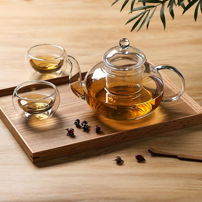 CnGlass 33.8oz Glass Teapot with Removable Infuser,Stovetop Safe Tea Kettle with 4-Pack Glass Teacups 3.4oz and Tea Warmer 5.3 in/13.5cm Diameter