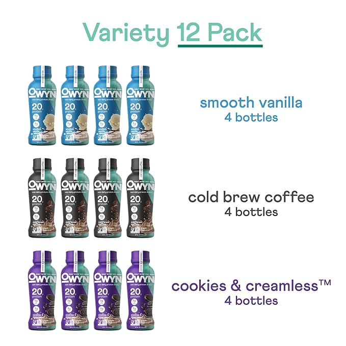 OWYN Only What You Need Plant Based Protein Shake, 20g Vegan Protein from Organic Pumpkin seed, Flax, Pea Blend, Prebiotic supplement, Gluten & Soy-Free (Vanilla Variety Pack, 12 Pack)