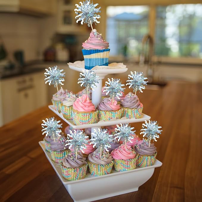 Gyufise 30Pcs Foil Firework Cupcake Toppers Sparkle Tinsel Cake Toppers Tinsel Drink Cake Decoration Cocktail Picks for Birthday Wedding Graduation Party Supplies Silver