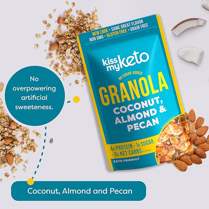 Kiss My Keto Sugar Free Granola, Coconut Almond Pecan 1-Pack – Curb Cravings with Few Net Carbs – Allulose Sweetened, Resealable & Gluten-Free Crunchy Clusters – Grain Free Granola Great With Yogurt or Milk