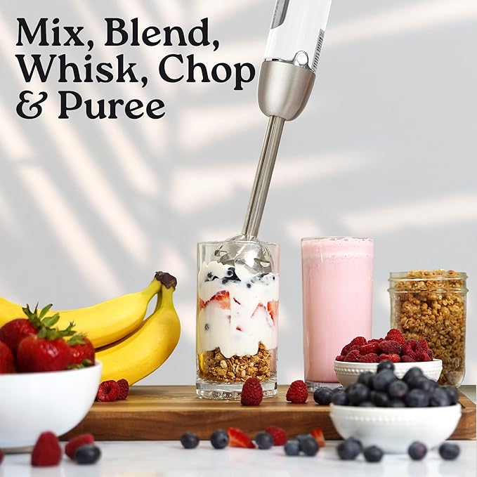 Zulay Immersion Stick Mixer Hand Blender - 800 Watts, Turbo Mode, 5-ft Power Electric Cord, Handheld Portable, Stainless Steel Blades - For Effortless Blending Smoothie, Soup, Baby Food, Puree - White