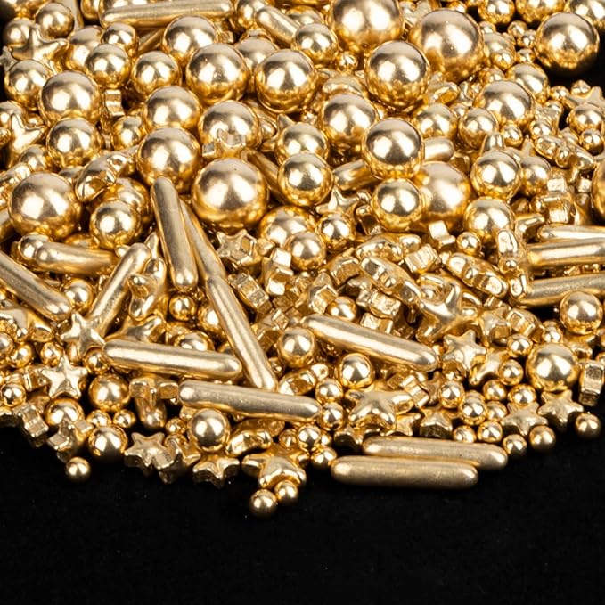 Twisweet Gold Pearl Star Rods Sprinkles for Cake Decorating, Edible Sugar Pearls for Baking, Mix Size Cake Topper Ice Cream Cupcake Cookie Dessert Decorations, Wedding Valentines Birthday Christmas Easter Mother's Day Supplies (130g/4.58oz)