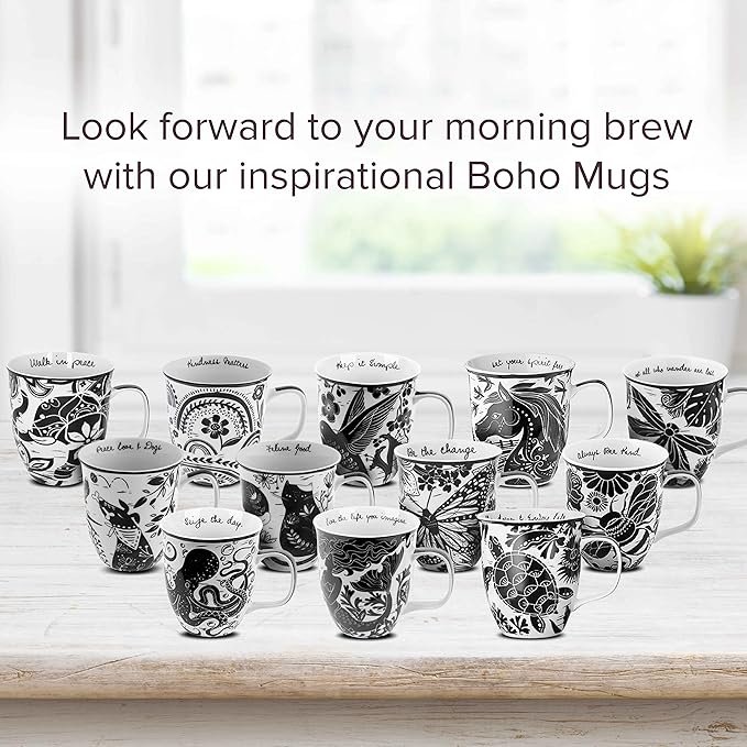 Karma Gifts 16 oz Black and White Boho Mug Beetle - Cute Coffee and Tea Mug - Ceramic Coffee Mugs for Women and Men