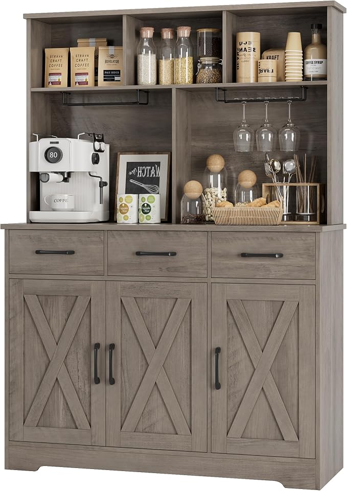 HOSTACK Buffet Cabinet with Hutch, Modern Farmhouse Kitchen Buffet Sideboard Storage with 3 Drawers, Barn Door Coffee Bar Station, Liquor Cabinet for Dining Room, Living Room, Ash Grey