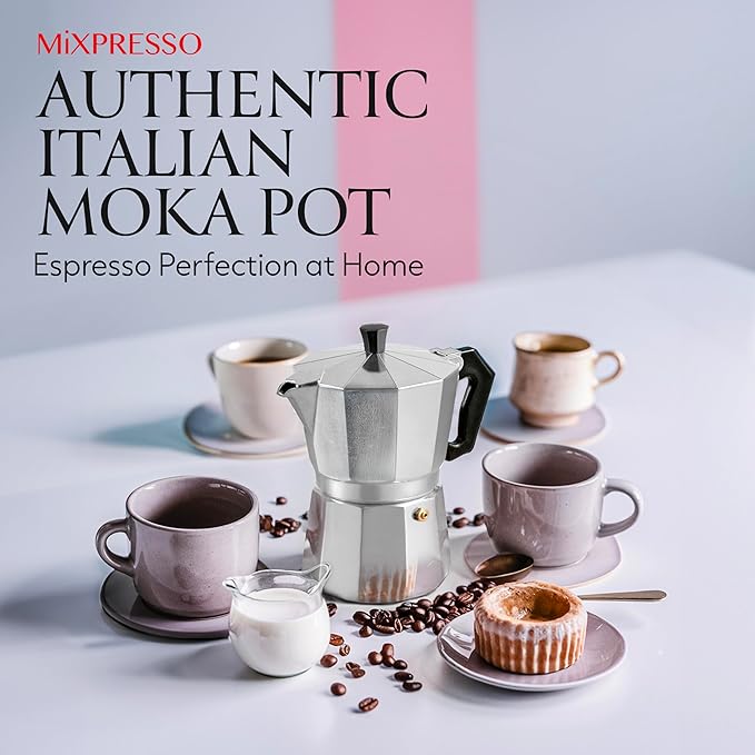 Mixpresso 3 Cup Moka Pot Cuban Coffee Maker, Moka Pot for Gas, Electric Stove Top, Classic Italian Coffee Maker, Stovetop Espresso Maker, Camping Pot Makes 3 Espresso Cup 5 Oz