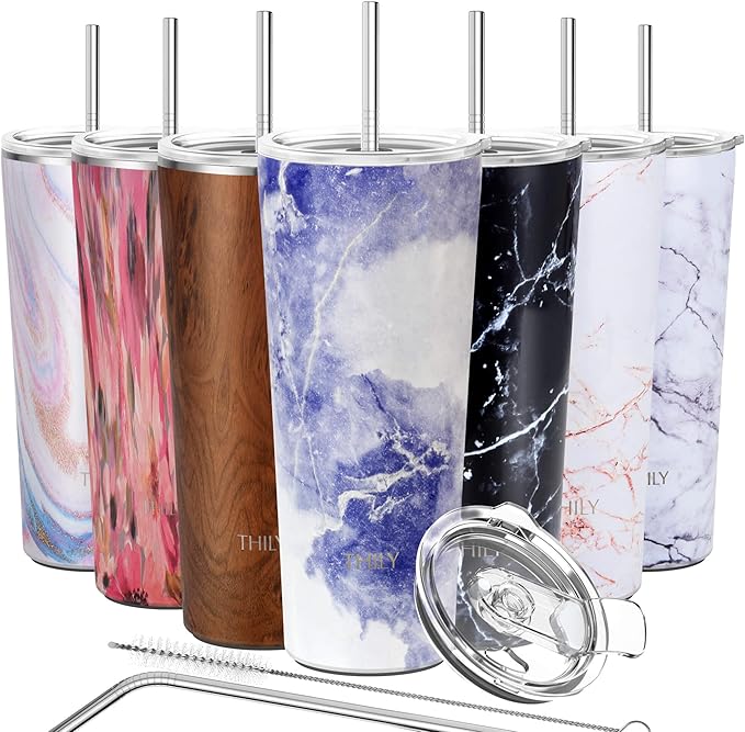 THILY Stainless Steel Vacuum Insulated Tumbler Travel Mug 26 oz Coffee Cup with 2 Lids and Straws, Splash Proof, Keep Ice Drinks Cold, Blue Marble