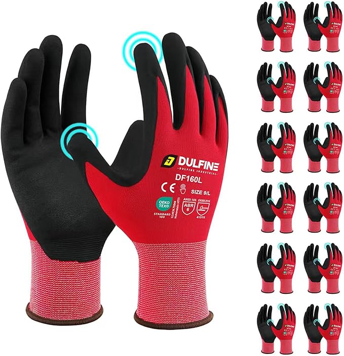 Safety Work Gloves MicroFoam Nitrile Coated-12 Pairs Pack,Red Seamless Knit Nylon Glove with Black Micro-Foam Nitrile Grip,Ideal for General Purpose,Automotive,Home Improvement,Painting(Extra Large)