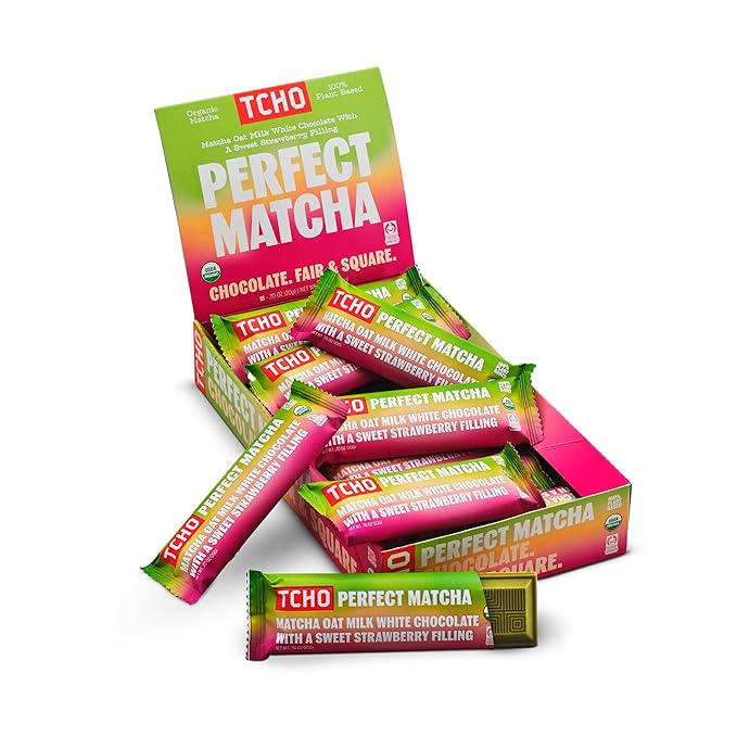 TCHO Perfect Matcha Chocolate Bar 18 Pack - Organic Oat Milk Chocolate with Matcha Shell and Strawberry Filling - Plant-Based Non-GMO Matcha Snacks