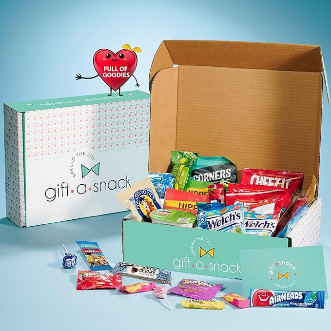Gift A Snack - Thanksgiving, Holiday, Christmas Stocking Stuffer Snack Box Variety Pack Care Package + Greeting Card (100 Count) Birthday Sweet Treats Gift Basket, Candies Chips Crackers Bars