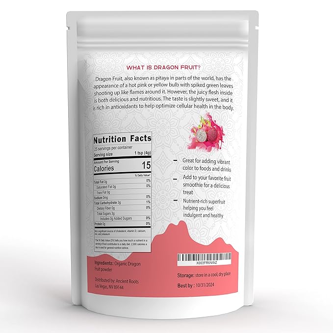 Ancient Roots Dragon Fruit Powder - Natural Food Coloring, Flavoring Powder, Baking Powder, Pitaya Powder for Smoothie, Filled with Antioxidants, 25 Servings (3.5 ounces)