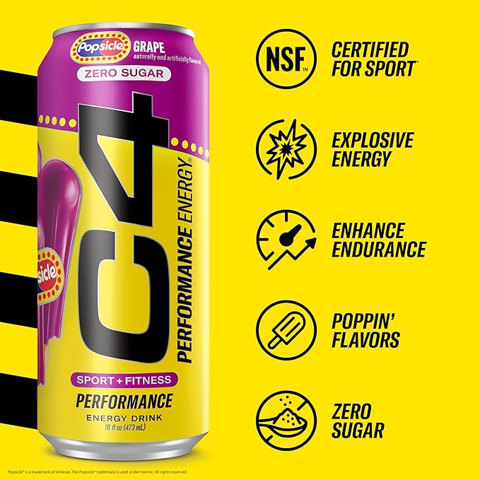 Cellucor C4 Energy Drink x Grape Popsicle, Carbonated Sugar Free Pre Workout Performance Drink with no Artificial Colors or Dyes, 16 Oz, Pack of 12