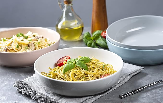 KooK Pasta Bowl, Salad Bowls, Bowls, Serving Bowls, Soup, Ceramic, Large Capacity, Microwave & Dishwasher Safe, Set of 4, 40 Oz, (White)