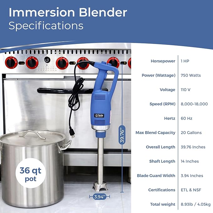 TK Commercial Immersion Blender, 750 Watt/1 HP Variable Speed Motor, 20,000 RPM X-Heavy Duty with Performance Assurance - 14"
