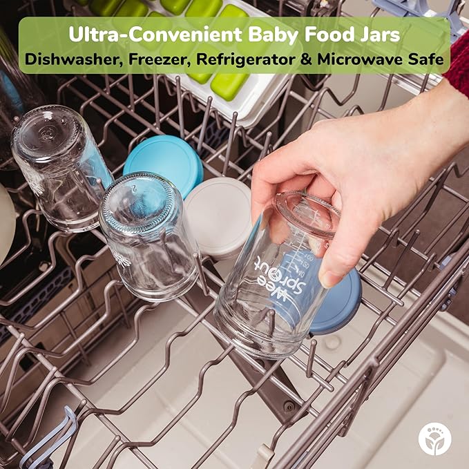 WeeSprout Glass Baby Food Storage Jars w/Lids (4 oz, 6 Pack Set) Snack, Puree, Reusable Small Containers, Breast Milk, Fridge or Freezer, Microwave & Dishwasher Safe, Essential Must Have for Infants