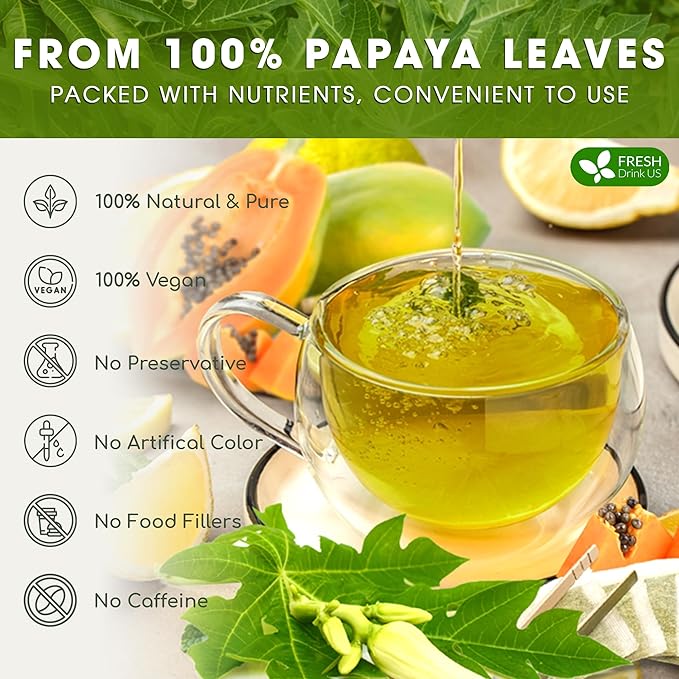 FreshDrinkUS, Premium 25 Papaya Leaf Tea Bags, 100% Natural & Pure from Papaya Leaves. Loose Leaf Papaya Herbal Tea. Made with Natural Material Tea Bags. No Sugar, No Caffeine, No Gluten, Vegan.