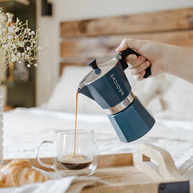 GROSCHE Milano Stovetop Espresso Maker Moka Pot 3 espresso Cup - 5 oz, Blue -Moka Espresso Coffee Maker Stove top coffee maker Moka Italian espresso greca coffee maker brewer percolator