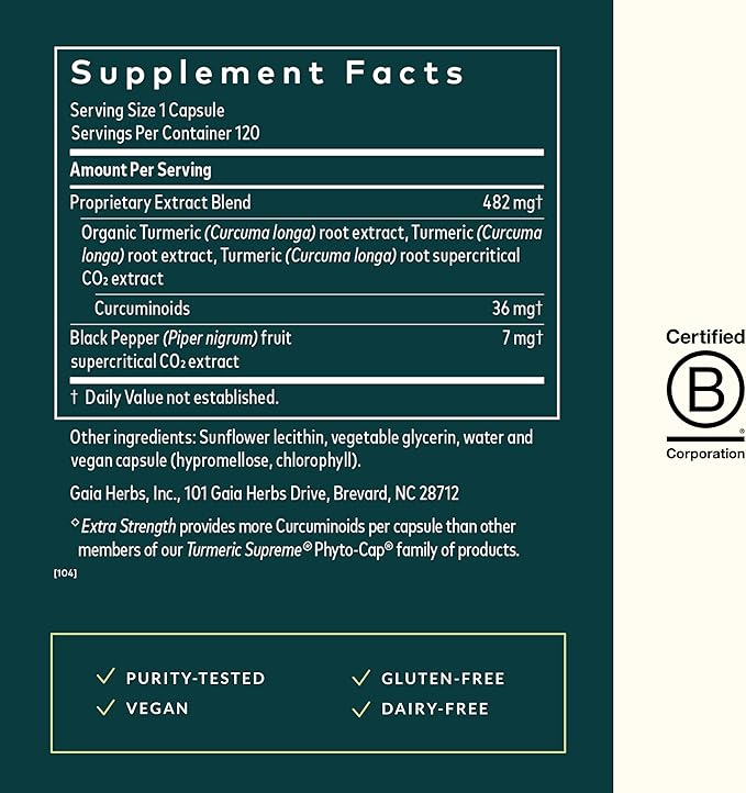Gaia Herbs Turmeric Supreme Extra Strength - Supports Occasional Swelling from Normal Wear & Tear - with Turmeric Curcumin & Black Pepper - 120 Vegan Liquid Phyto-Capsules (Up to 120-Day Supply)