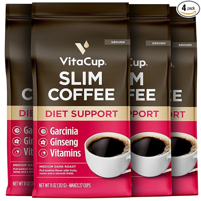 VitaCup Slim Ground Coffee, Diet Support with Ginseng, Garcinia, B Vitamins, Medium Dark Roast, Bold and Smooth,100% Arabica Specialty Coffee Grounds, 4 bags, 11oz each