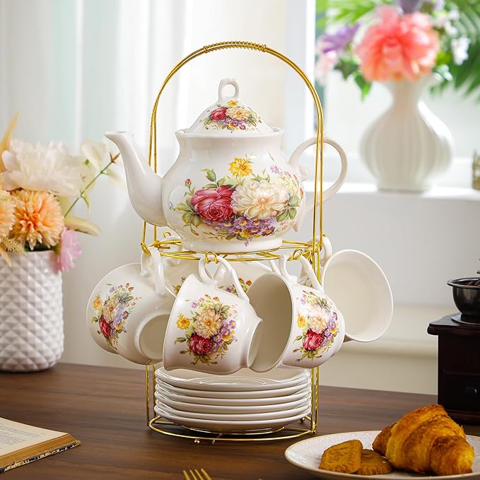 20-Pieces Porcelain Tea Sets For Women, Tea Set For Adult with Golden Metal Rack,Tea Gift Sets for Home&Party(012)