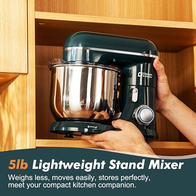 Kitchen in the Box Stand Mixer, 3.5 QT Small Electric Kitchen Mixer, 10-Speed Portable Lightweight Food Mixer with Stainless Steel Bowl, Egg Whisk, Dough Hook, Beater (Dark Green)