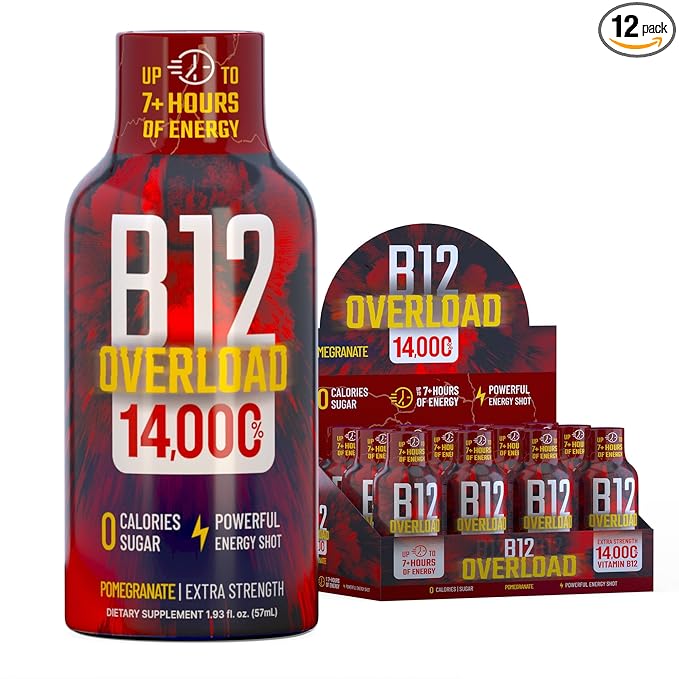 B12 Overload Extra Strength Energy Shot – Pomegranate – 260mg Caffeine, 14000% B12, Electrolytes – Energy & Vitality Support – Zero Sugar No Calories – Vegan, Kosher, Gluten-Free – 1.93 fl oz, 12-Pack