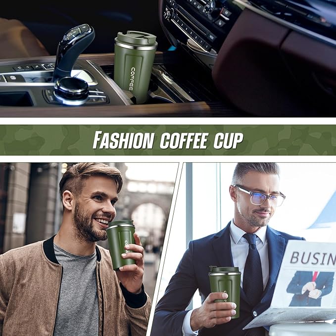 Sieral 4 Pcs 13 oz Travel Coffee Mug Insulated Reusable Coffee Cups with Leakproof Lid Stainless Steel Portable Tumbler for Keep Hot or Ice Milk Tea(Green)