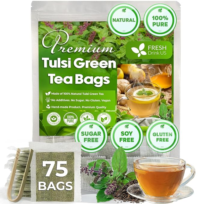 FreshDrinkUS, Premium 75 Tulsi Green Tea Bags, 100% Natural, Blend of Tulsi Holy Basil Leaves, and Green Tea Leaves. Made with Natural Material Tea Bags. No Sugar, Vegan.