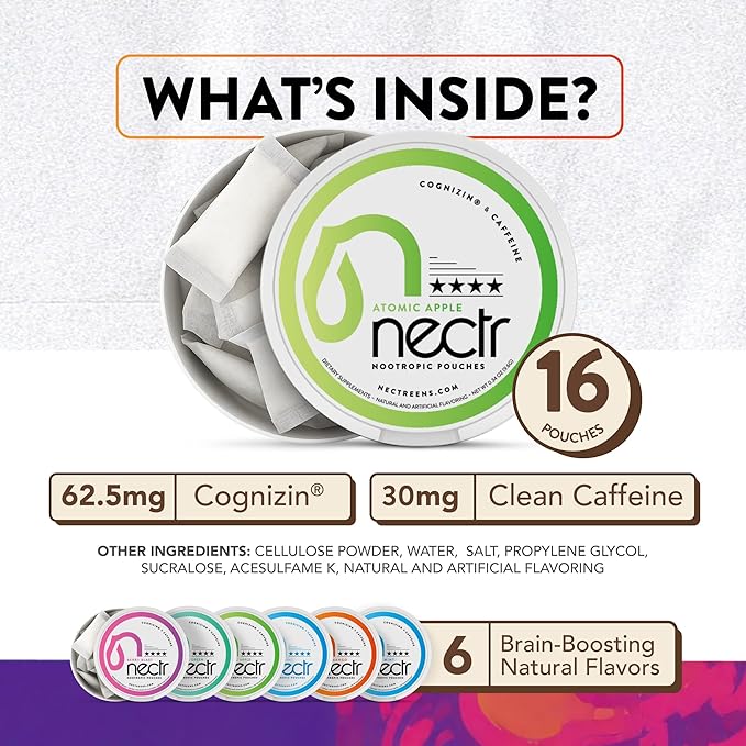 Nectr Energy Nootropic Pouches – Glacial Green Wintergreen Caffeine Pouches with Cognizin® Citicoline. Sugar-Free Brain Treats. Smooth, Sustained Focus & Energy Supplement - 1 Puck of 16pcs