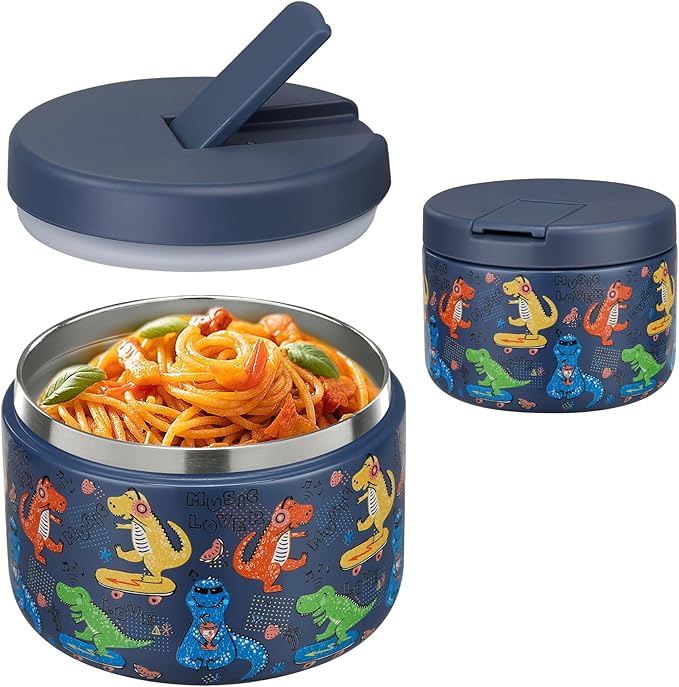 12oz Insulated Vacuum Food Jar with Buckle Lid Wide Mouth Soup Thermo for Hot Food Kids Leakproof Stainless Steel Lunch Container (Blue-Dinosaur)