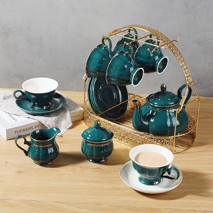 CHENP.HMC Tea Set 22-Piece Porcelain Ceramic Coffee Tea Sets Cups Saucer Service for 6 Teapot Sugar Bowl Creamer Pitcher and Teaspoons Porcelain Tea Set(Dark Green)
