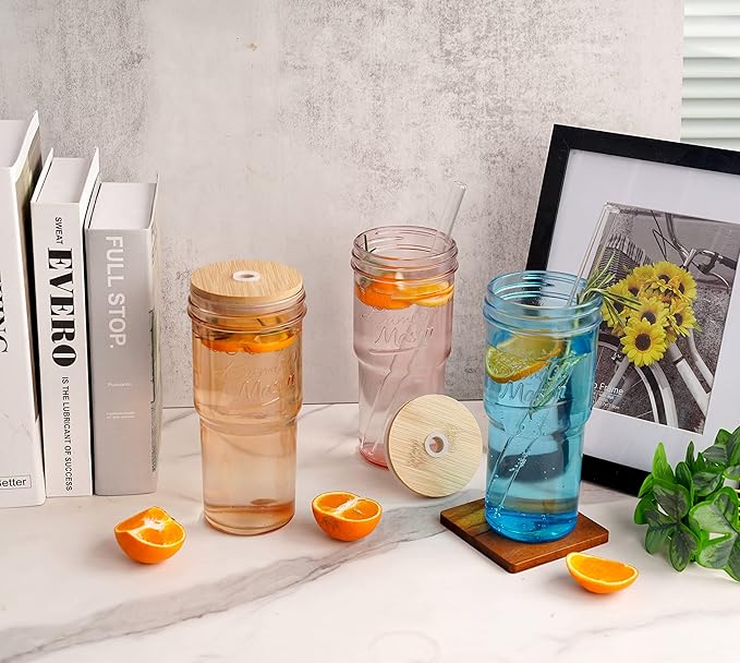 ANOTION Colored Glass Cups with Lids and Straws - 24oz Travel Coffee Mug Wide Mouth Mason Jar Iced Coffee Cup Smoothie Cup Glass Tumbler Tea Cup Clear Cute Water Cups Colorful Drinking Glasses