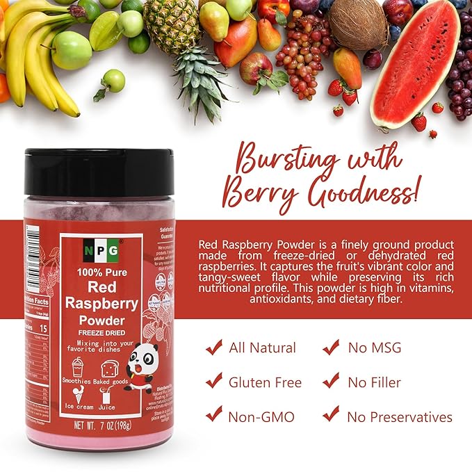 NPG Freeze Dried Red Raspberry Juice Powder 7 Oz, Seedless Fine Superfood Powder for Flavoring, Coloring, Baking, Smoothies, Purees, and Acai Bowls, All Natural