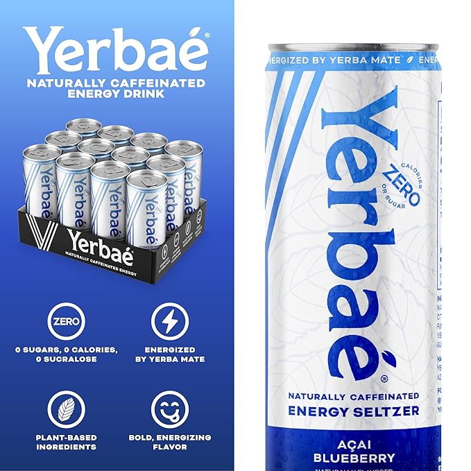 Yerbaé Energy Seltzer - Acai Blueberry, No Sugar/Calories/Carbs. Energized by Yerba Mate, Naturally Caffeinated, Plant-Based, Healthy Alternative to Coffee Sugary Sodas, Pack of 12, 12oz cans