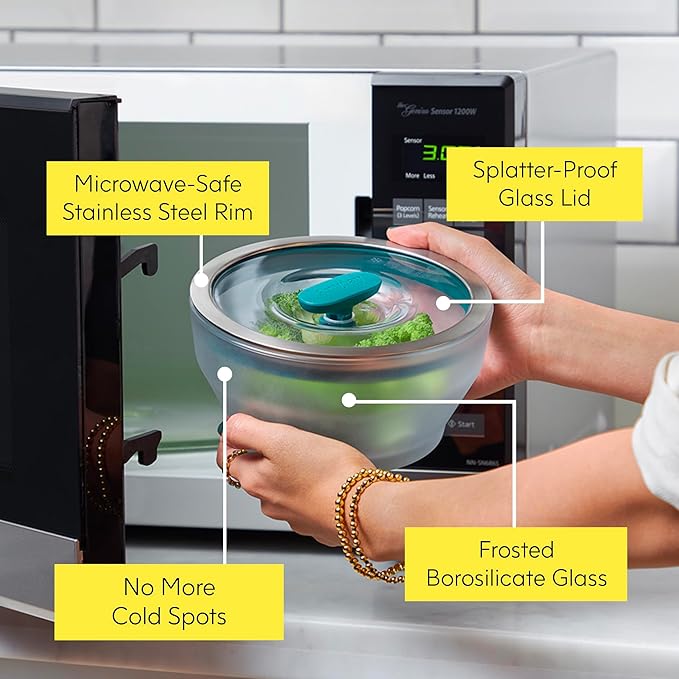 Anyday 4-Cup Microwave Cookware & Glass Container with Glass Lid, Plastic-Free Shallow Food Storage | Stackable Airtight Steamer with Vented Lid for Microwave-Safe Reheating, Steaming Vegetables