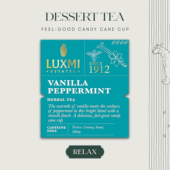 Luxmi Estates Vanilla Peppermint Organic Peppermint Tea (50 Tea Bags) Caffeine Free Tea Bags For Relaxing, Calming, and Stress Relief, With Certified Organic Herbal Tea