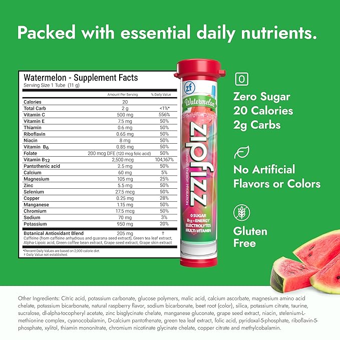 Zipfizz Daily Energy Drink Powder, Watermelon, 20 Pack | 3-in-1 Sustained Energy, Rapid Hydration, and Essential Vitamins | Sugar-Free | Electrolyte Powder | Contains Vitamin B-12 & Antioxidants