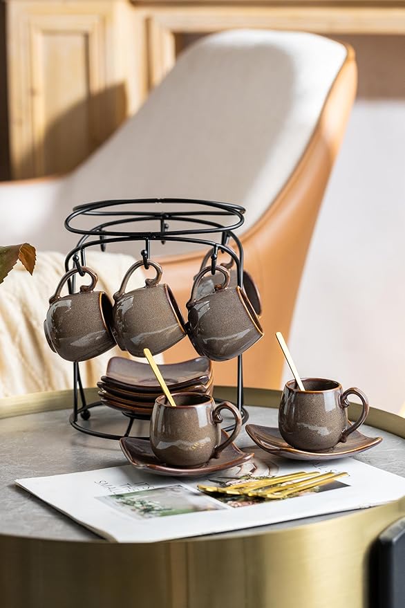 LYEOBOH 3oz Coffee Espresso Cups with Saucers Set of 6, Ceramic Small Coffee Cups with Holder and Spoons, Cute Demitasse Cups for Espresso, Latte, Mocha, Housewarming Gift - Farmhouse, Brown
