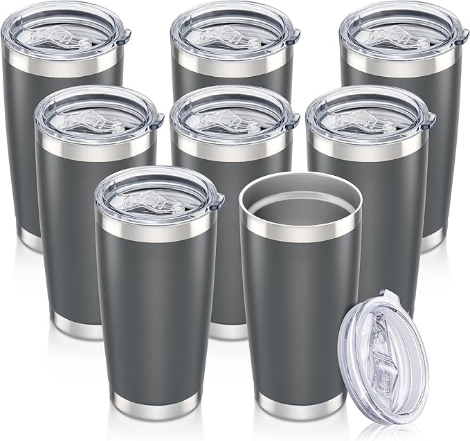20 oz Tumbler with Lid Stainless Steel Insulated Tumblers Bulk Double Wall Vacuum Cups Powder Coated Travel Mug Keep Drink Cold and Hot, Grey, 8 Pack