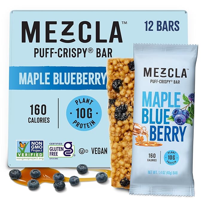 Mezcla Vegan Protein Bars, Gluten Free Snack Made with Pea Protein, Organic Vanilla, Blueberries and Other Premium Ingredients, Healthy Snacks, Canadian Maple Blueberry, 10g of Protein, 12 Pack