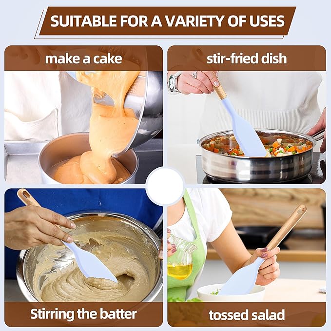 Wooden Handle Silicone Rubber Spatula Set for Kitchen Baking, Cooking, and Mixing High Heat Resistant Non Stick Dishwasher Safe BPA-Free Black+blue Set of 2 (Wooden handle spatula-Two-color)